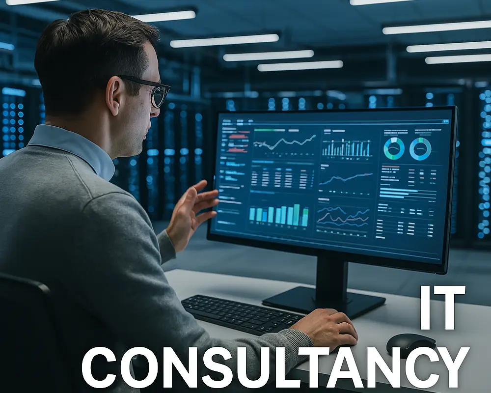 IT consultant working on a laptop